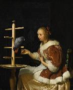 Frans van Mieris A Young Woman in a Red Jacket Feeding a Parrot oil painting on canvas